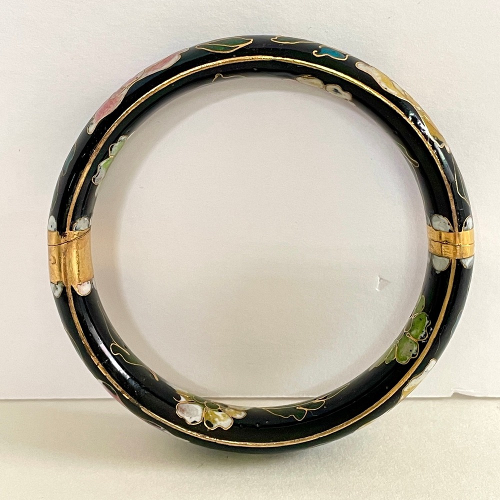 Vintage Black Cloisonne Enamel Floral Bangle Bracelet Hinged Gold Tone Clasp - Picture 8 of 8